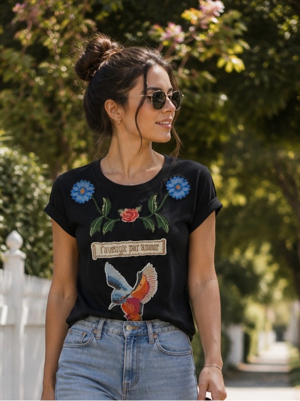 Miss Shop Black Tee with Green Embroidered Leaves
